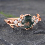 Hexagon Cut Moss Agate Cluster Engagement Ring Rose Gold Nature Inspired Ring