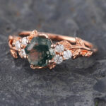 Hexagon Cut Moss Agate Cluster Engagement Ring Rose Gold Nature Inspired Ring