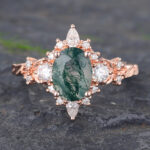 Rose Gold Oval Cut Moss Agate Halo Engagement Ring Art Deco Ring