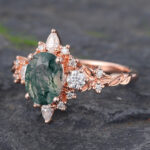 Rose Gold Oval Cut Moss Agate Halo Engagement Ring Art Deco Ring