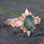 Rose Gold Oval Cut Moss Agate Halo Engagement Ring Art Deco Ring
