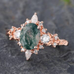 Rose Gold Oval Cut Moss Agate Halo Engagement Ring Art Deco Ring