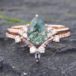 Moss Agate Engagement Ring Set with Alexandrite Curved Wedding Band