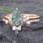 Moss Agate Engagement Ring Set with Alexandrite Curved Wedding Band