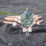 Moss Agate Engagement Ring Set with Alexandrite Curved Wedding Band