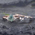 Moss Agate Engagement Ring Set with Alexandrite Curved Wedding Band