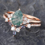 Moss Agate Engagement Ring Set with Alexandrite Curved Wedding Band