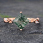 Leafy Princess Cut Moss Agate Engagement Ring Rose Gold Anniversary Promise Ring