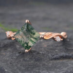 Leafy Princess Cut Moss Agate Engagement Ring Rose Gold Anniversary Promise Ring