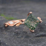 Leafy Princess Cut Moss Agate Engagement Ring Rose Gold Anniversary Promise Ring