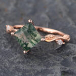 Leafy Princess Cut Moss Agate Engagement Ring Rose Gold Anniversary Promise Ring