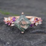 Princess Cut Moss Agate Engagement Ring Trio Side Stones Bridal Ring