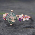 Princess Cut Moss Agate Engagement Ring Trio Side Stones Bridal Ring