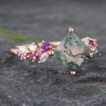 Princess Cut Moss Agate Engagement Ring Trio Side Stones Bridal Ring