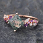 Princess Cut Moss Agate Engagement Ring Trio Side Stones Bridal Ring