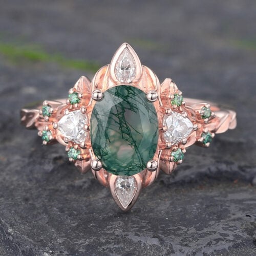 Rose Gold Moss Agate Engagement Ring Vintage Art Deco Ring