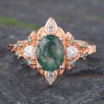 Rose Gold Moss Agate Engagement Ring Vintage Art Deco Ring