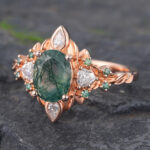 Rose Gold Moss Agate Engagement Ring Vintage Art Deco Ring