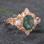 Rose Gold Moss Agate Engagement Ring Vintage Art Deco Ring