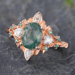Rose Gold Moss Agate Engagement Ring Vintage Art Deco Ring