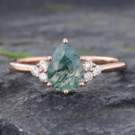 Pear Shaped Moss Agate & Diamond Cluster Engagement Ring 14K Rose Gold
