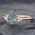 Pear Shaped Moss Agate & Diamond Cluster Engagement Ring 14K Rose Gold