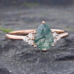 Pear Shaped Moss Agate & Diamond Cluster Engagement Ring 14K Rose Gold