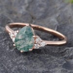 Pear Shaped Moss Agate & Diamond Cluster Engagement Ring 14K Rose Gold