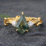Yellow Gold Kite Cut Moss Agate Three Stones Engagement Ring Nature Inspired Rings