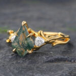 Yellow Gold Kite Cut Moss Agate Three Stones Engagement Ring Nature Inspired Rings
