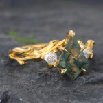 Yellow Gold Kite Cut Moss Agate Three Stones Engagement Ring Nature Inspired Rings