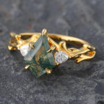 Yellow Gold Kite Cut Moss Agate Three Stones Engagement Ring Nature Inspired Rings