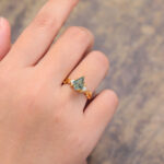 Yellow Gold Kite Cut Moss Agate Three Stones Engagement Ring Nature Inspired Rings