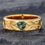 Trillion Cut Moss Agate Mens Engraved Wedding Band Yellow Gold
