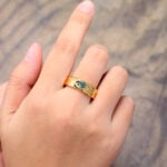 Trillion Cut Moss Agate Mens Engraved Wedding Band Yellow Gold