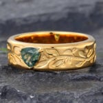 Trillion Cut Moss Agate Mens Engraved Wedding Band Yellow Gold