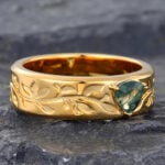 Trillion Cut Moss Agate Mens Engraved Wedding Band Yellow Gold