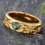 Trillion Cut Moss Agate Mens Engraved Wedding Band Yellow Gold
