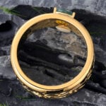 Trillion Cut Moss Agate Mens Engraved Wedding Band Yellow Gold