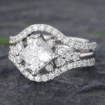 Vintage Princess Cut Lab Diamond Engagement Ring Set 14K White Gold
