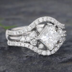 Vintage Princess Cut Lab Diamond Engagement Ring Set 14K White Gold