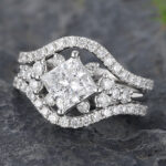Vintage Princess Cut Lab Diamond Engagement Ring Set 14K White Gold