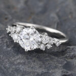 Round Cut Lab Grown Diamond Cluster Engagement Ring 14K White Gold