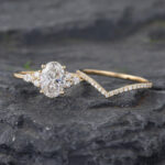 2PCS Oval Cut Lab Diamond Cluster Engagement Ring Set 14K Yellow Gold