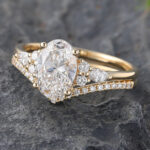 2PCS Oval Cut Lab Diamond Cluster Engagement Ring Set 14K Yellow Gold