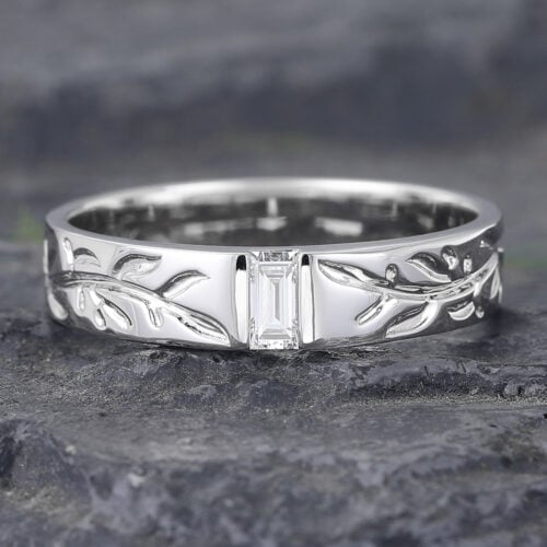 Baguette Cut Lab Diamond Wedding Band for Men with Leaf Design