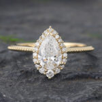 Vintage Pear Cut Lab Diamond Halo Engagement Ring 14K Yellow Gold