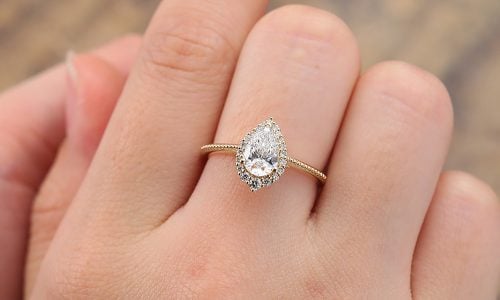 Vintage Pear Cut Lab Diamond Halo Engagement Ring 14K Yellow Gold