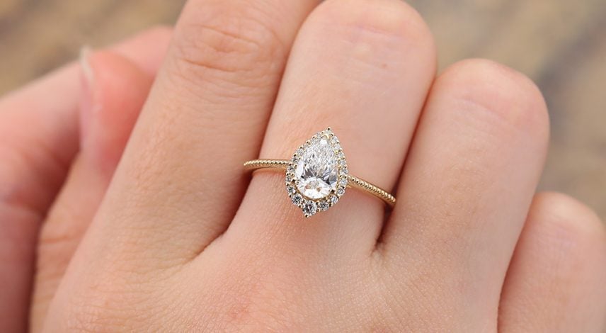 Vintage Pear Cut Lab Diamond Halo Engagement Ring 14K Yellow Gold