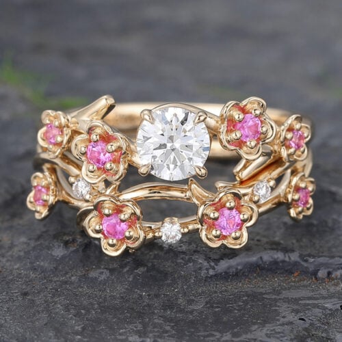 Round Cut Lab Diamond Bridal Ring Set Floral Pink Sapphire Accented